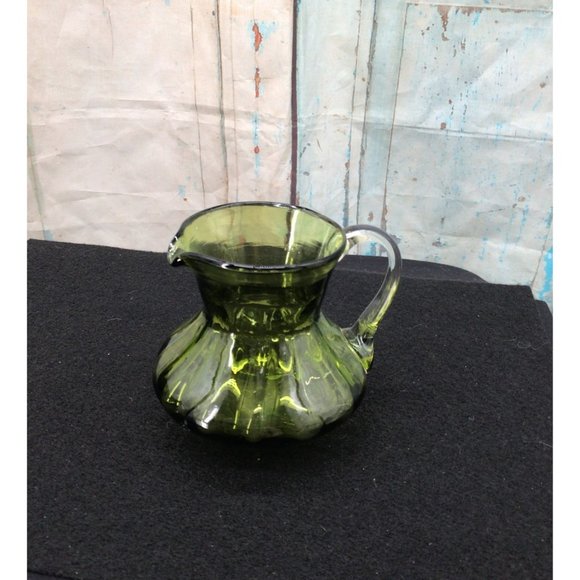 Green Blown Glass 4 inch Pitcher with a Colorless Handle - Picture 3 of 7